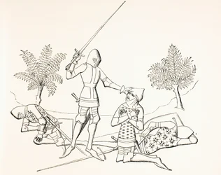 Ritterschlag auf dem Schlachtfeld, nachdem der Empfänger zwei Feinde getötet hat, aus 